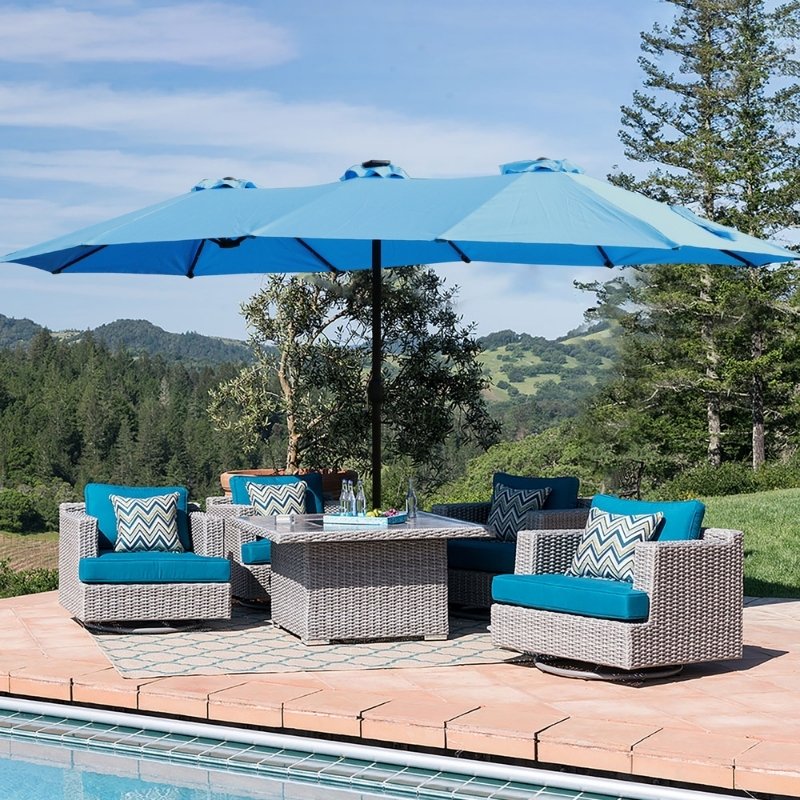 Modernein Double-Sided Patio Umbrella with Solar Light and Base - 15x9 FT