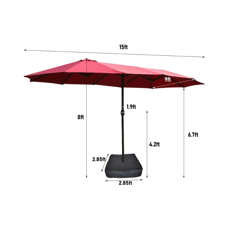 Modernein Double-Sided Patio Umbrella with Solar Light and Base - 15x9 FT