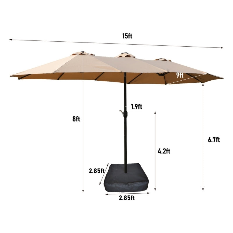 Modernein Double-Sided Patio Umbrella with Solar Light and Base - 15x9 FT