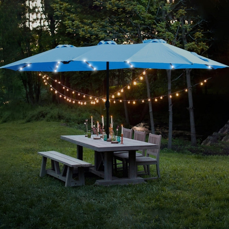 Modernein Double-Sided Patio Umbrella with Solar Light and Base - 15x9 FT