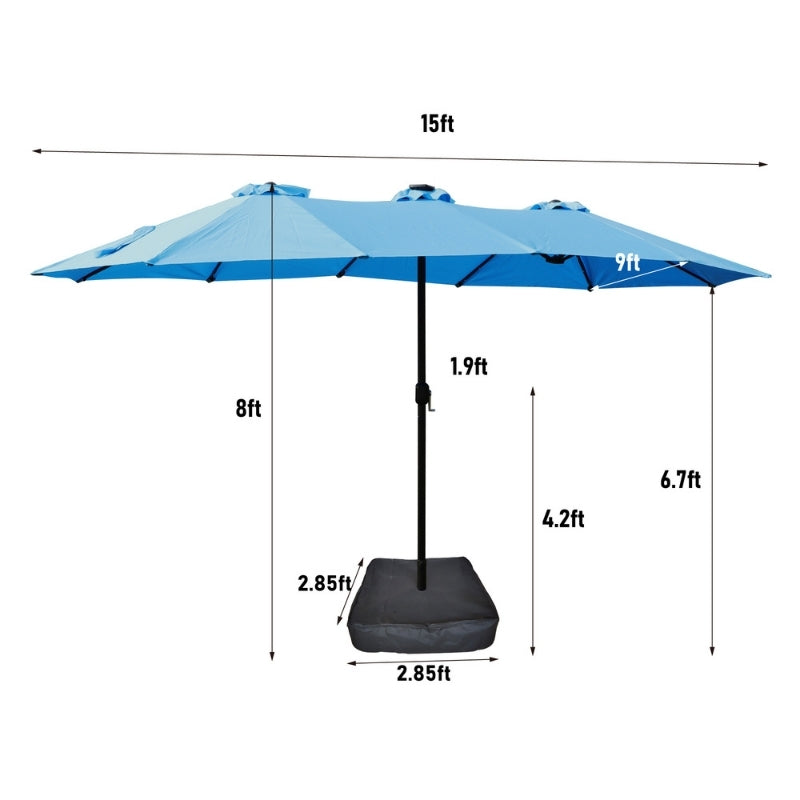 Modernein Double-Sided Patio Umbrella with Solar Light and Base - 15x9 FT