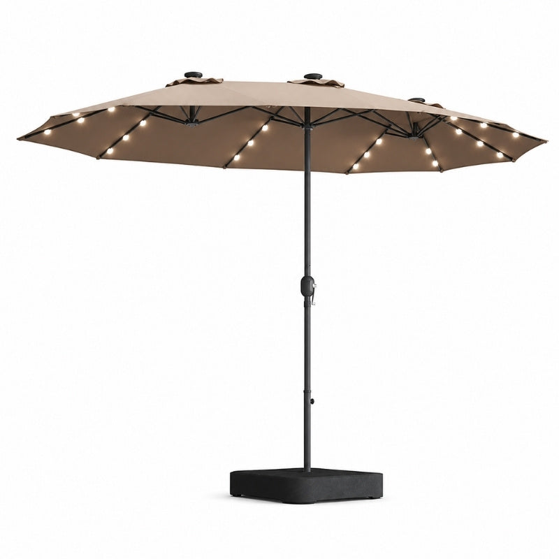 Modernein Double-Sided Patio Umbrella with Solar Light and Base - 15x9 FT