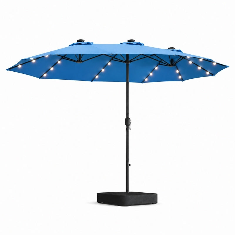 Modernein Double-Sided Patio Umbrella with Solar Light and Base - 15x9 FT