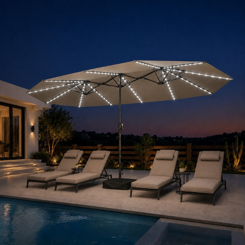Modernein Double-Sided Patio Umbrella with Solar Light and Base - 15x9 FT